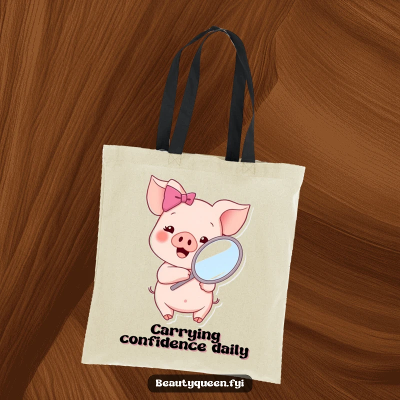 Funny piglet with a pink bow holding a mirror, looking gleefully into it, designed for a stylish and humorous tote bag.