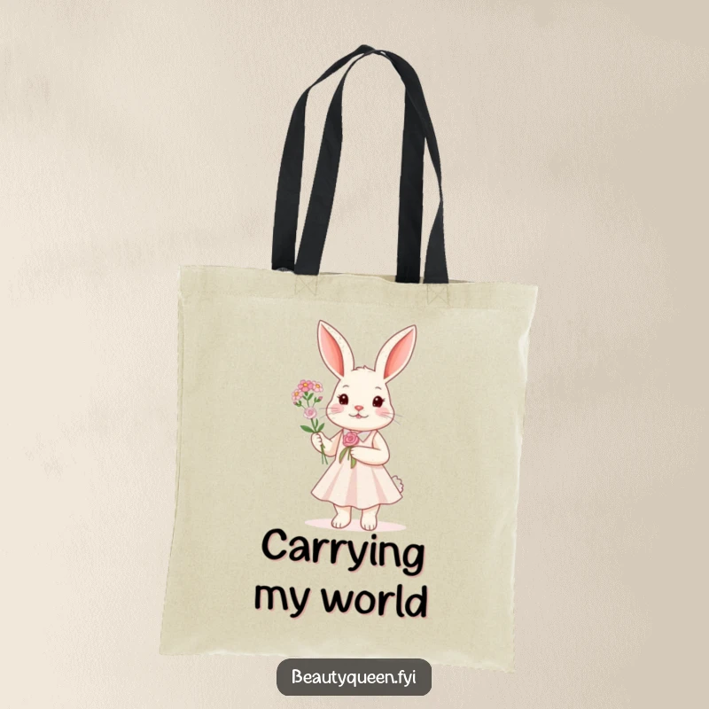 Funny Tote Bag showcasing a rabbit in a glittering dress holding a small flower bouquet, ideal for stylish, humorous carrying.