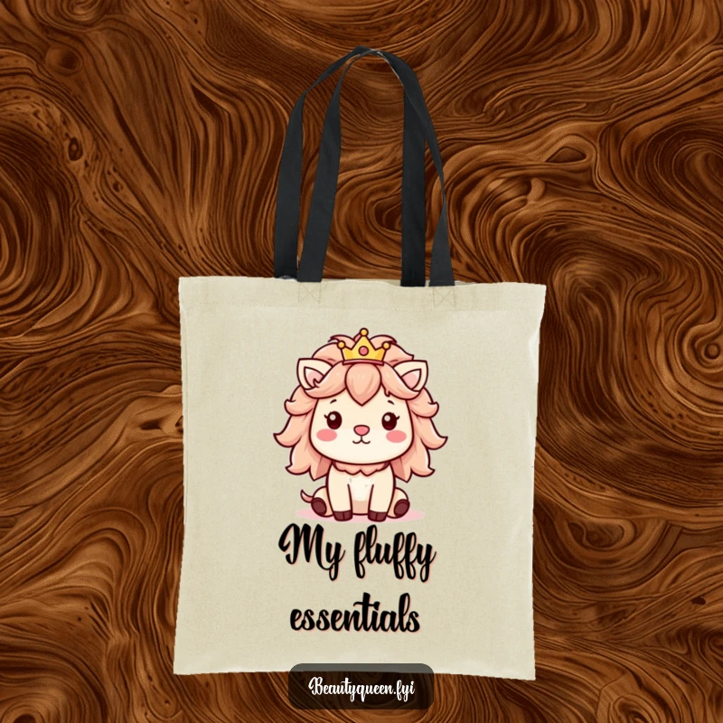 Funny tote bag showing a cheerful animal characterized by a big fluffy mane and a small, charming crown.