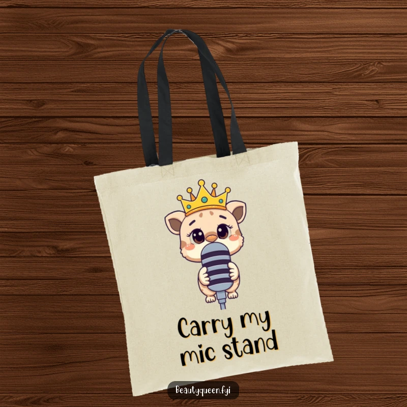 Funny tote bag showing a curious animal with a tilted crown, looking over a large microphone, ready to speak.