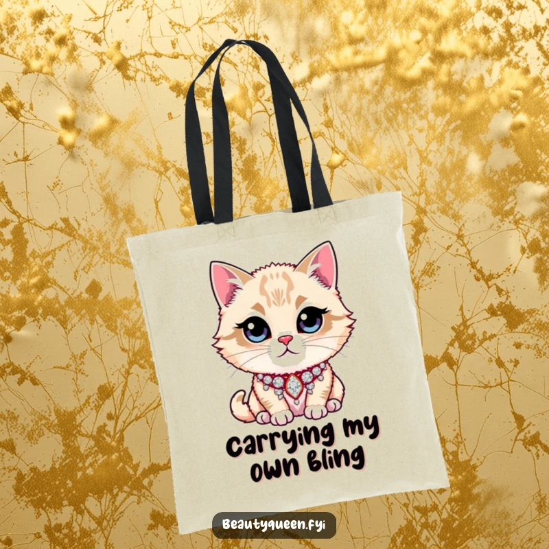 Funny Tote Bag showcasing a majestic cat with a large, glittering rhinestone collar, ready to carry anything with undeniable poise.