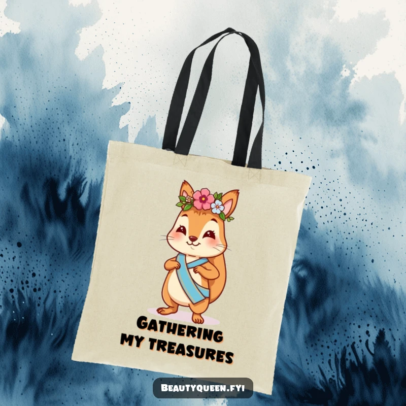 Funny squirrel tote bag with a playful squirrel, flower crown, and sash, strutting confidently, a stylish and humorous accessory.