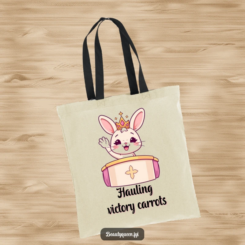 Funny bunny in a sparkly tiara waving from a podium, featured on a chic tote bag.