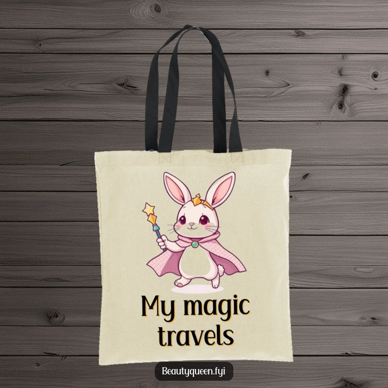 Funny bunny tote bag illustrating a cute bunny in a glittering cape, zooming with a scepter, ready to carry items.